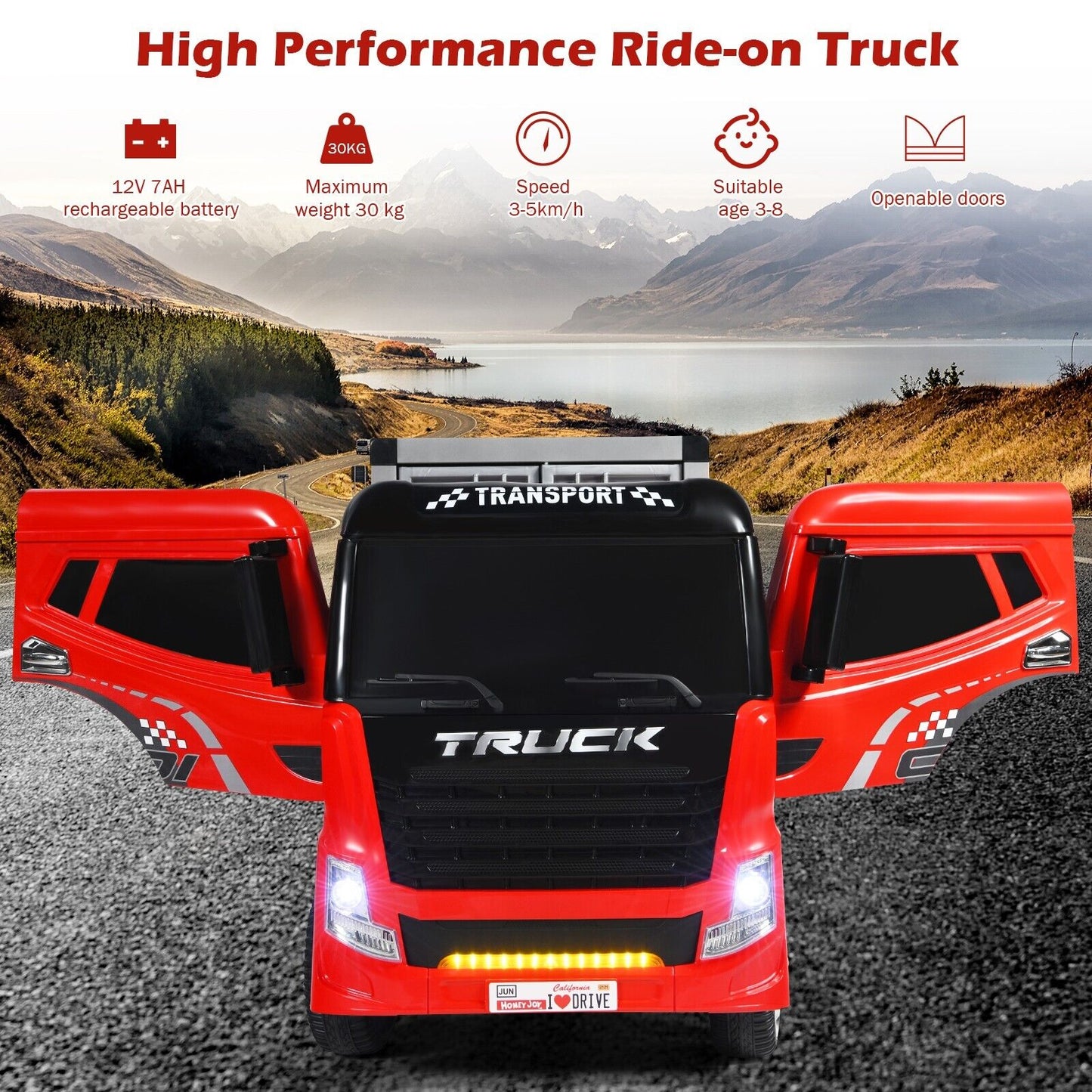 12V Ride-On Semi-Truck with Container for Kids of 3-8 Year Old-Black
