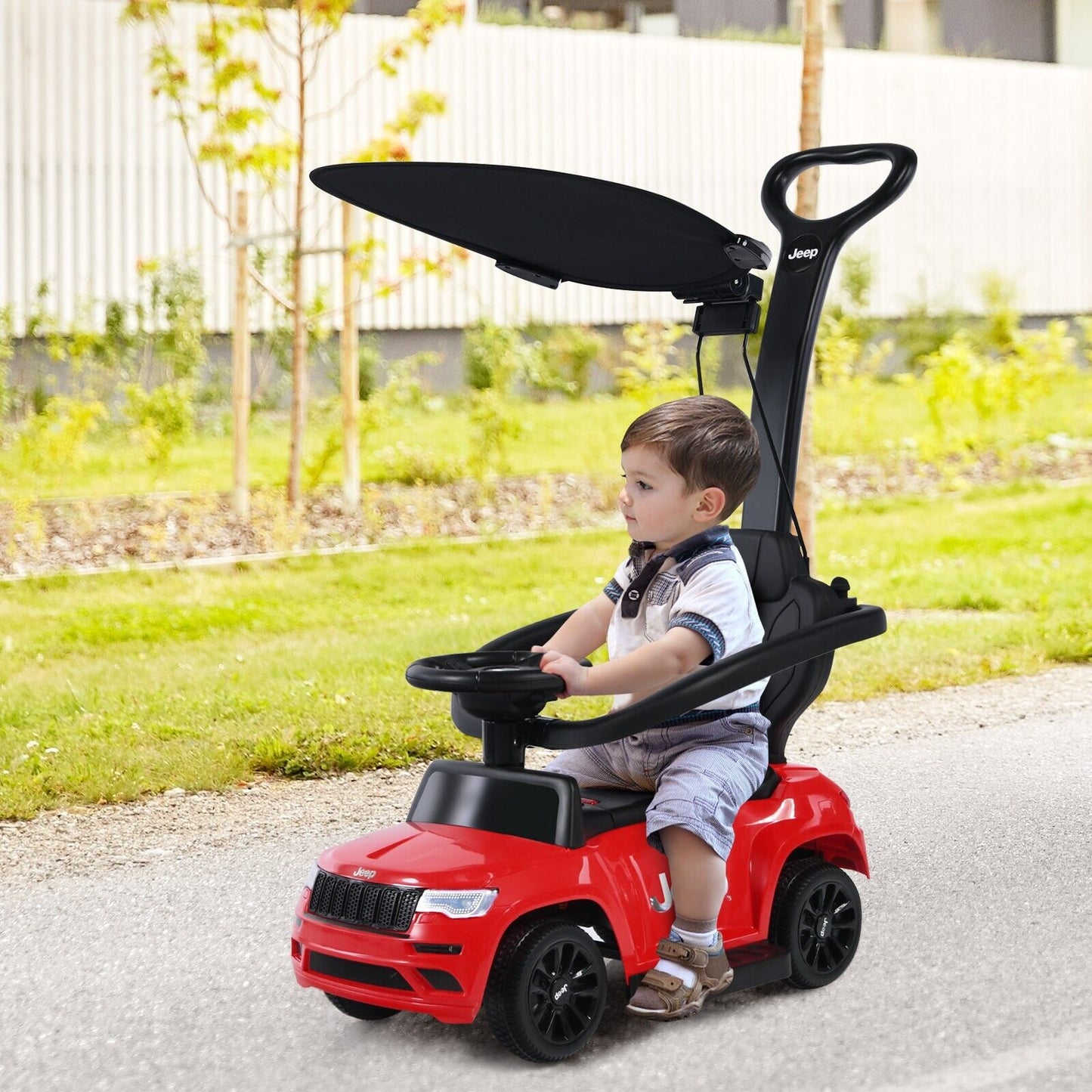 3-In-1 Kids Ride-On Push Car with Adjustable Visor-Black
