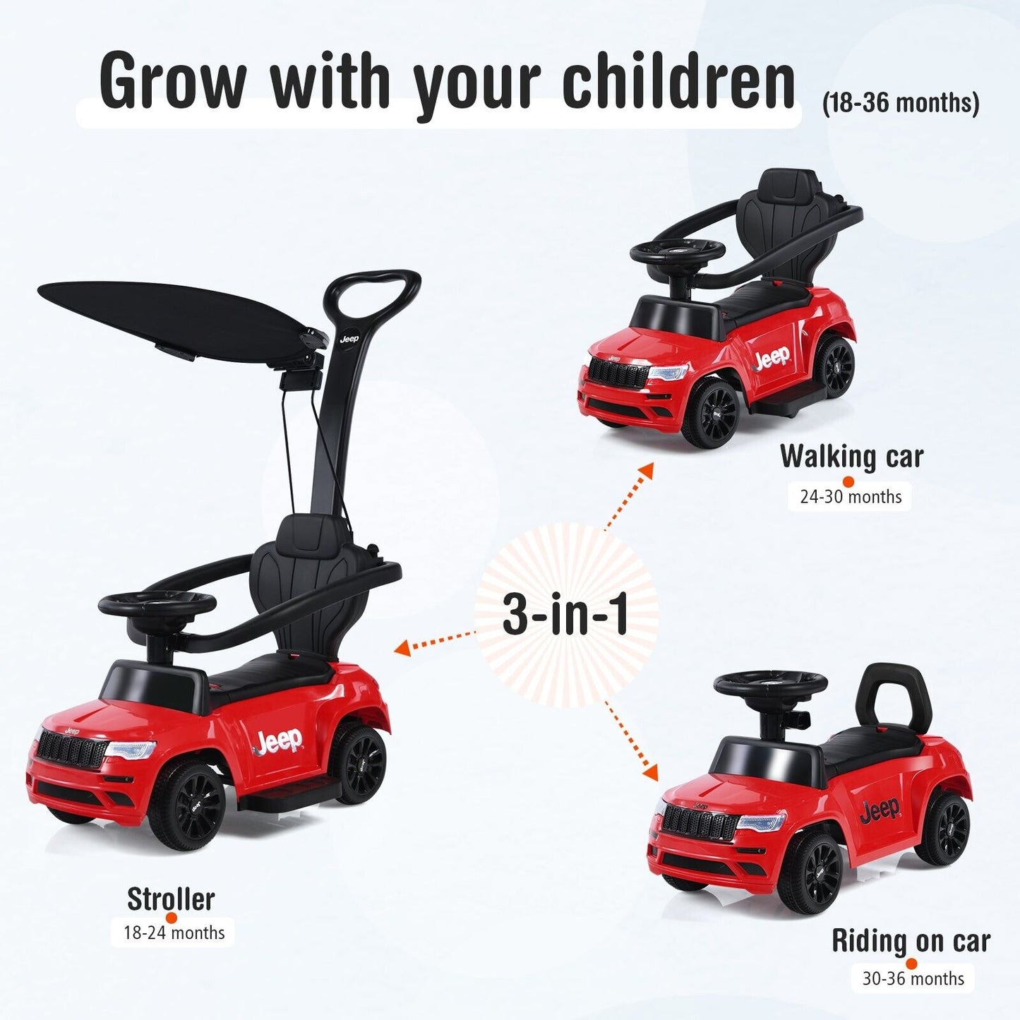 3-In-1 Kids Ride-On Push Car with Adjustable Visor-Black