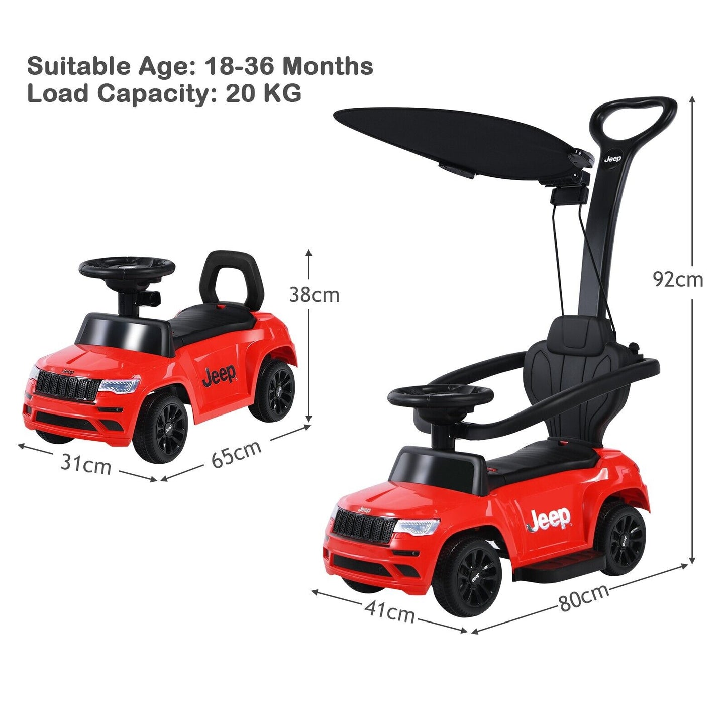 3-In-1 Kids Ride-On Push Car with Adjustable Visor-Black