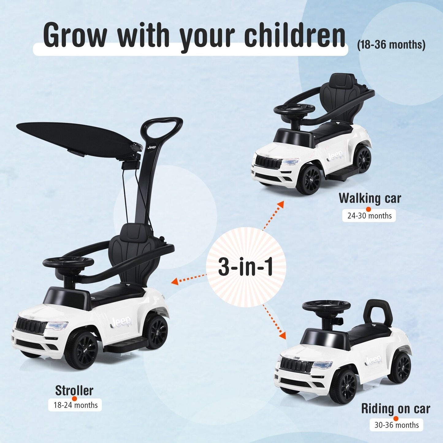 3-In-1 Kids Ride-On Push Car with Adjustable Visor-Black