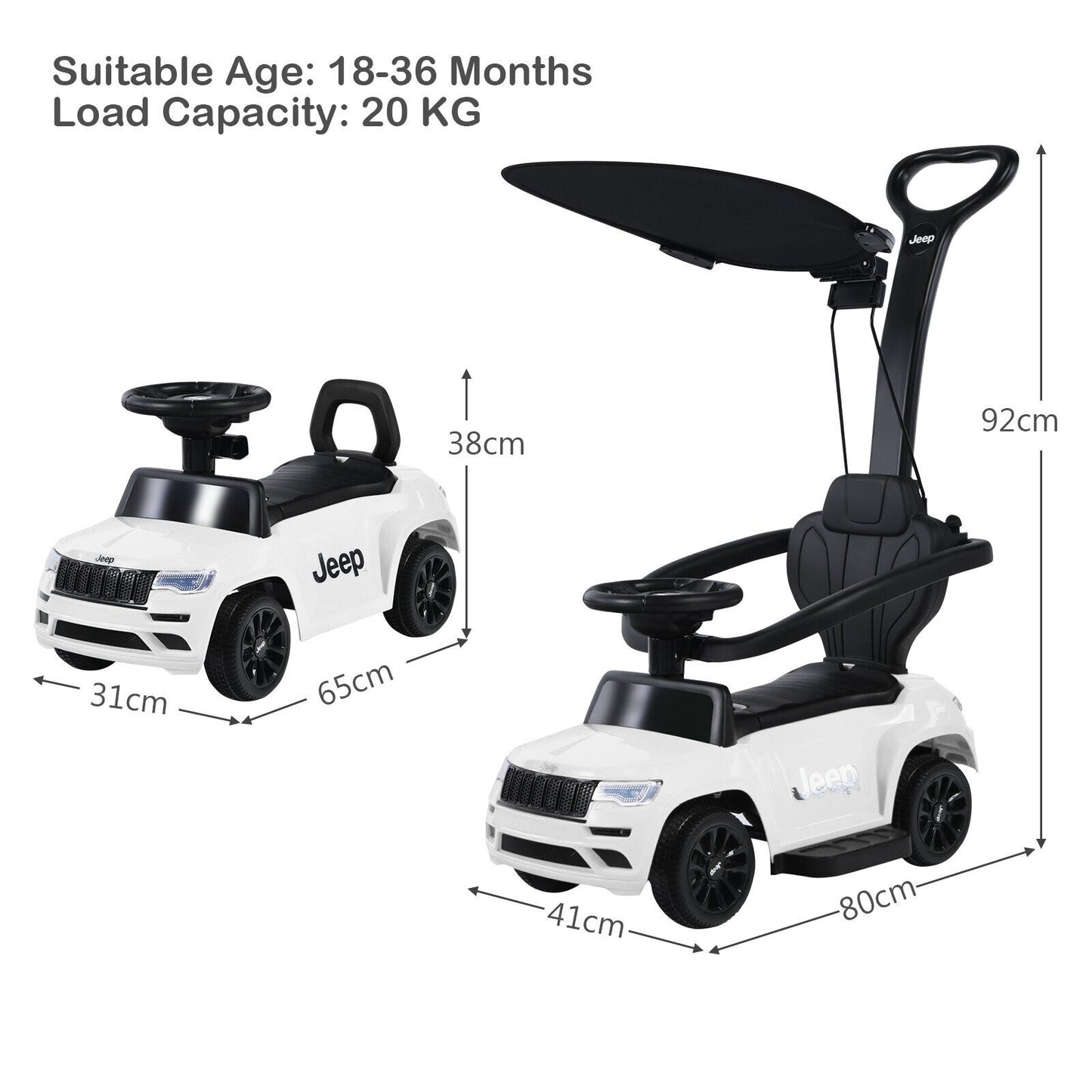 3-In-1 Kids Ride-On Push Car with Adjustable Visor-Black