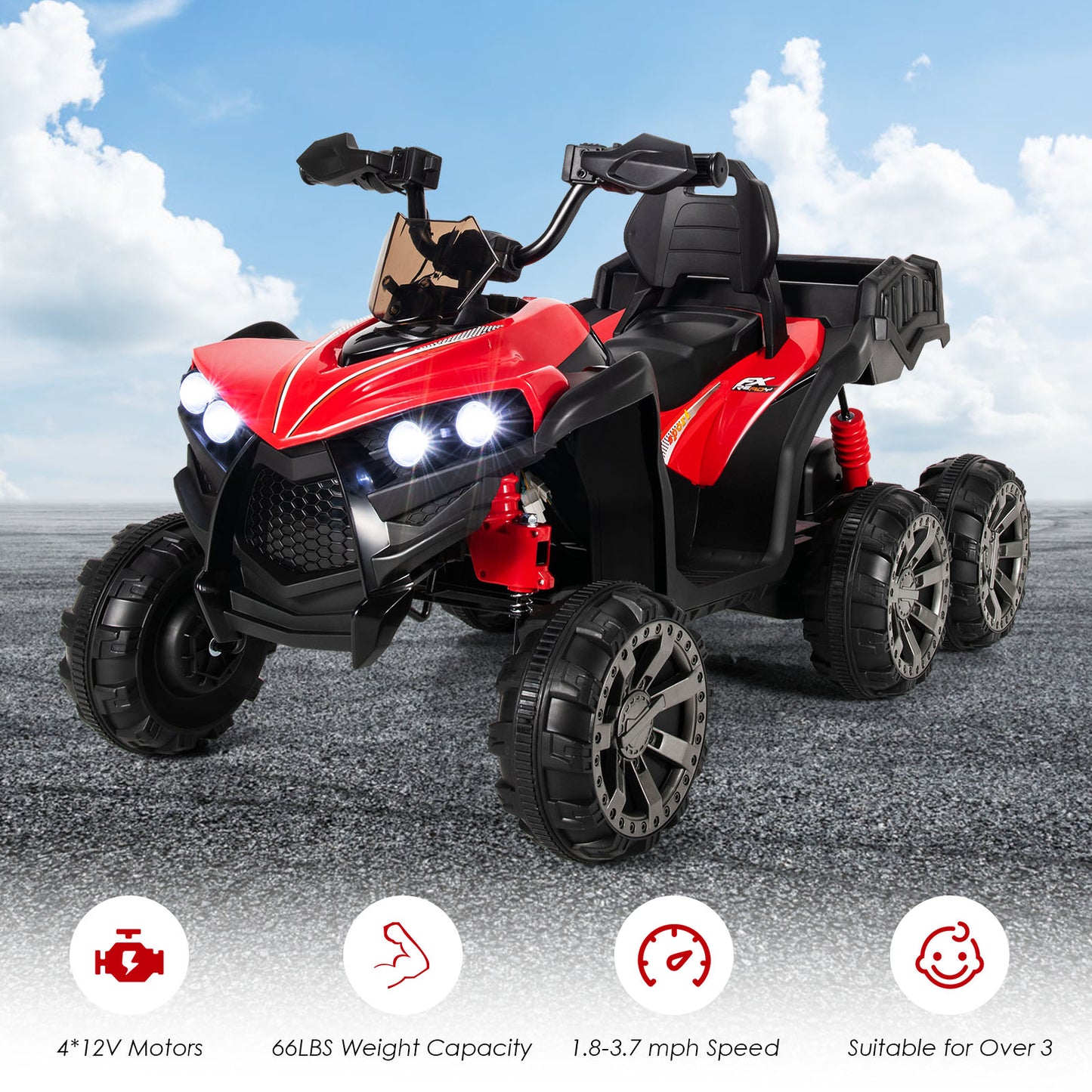 6 Wheels Kids Electric ATV with 4 Motors-Black