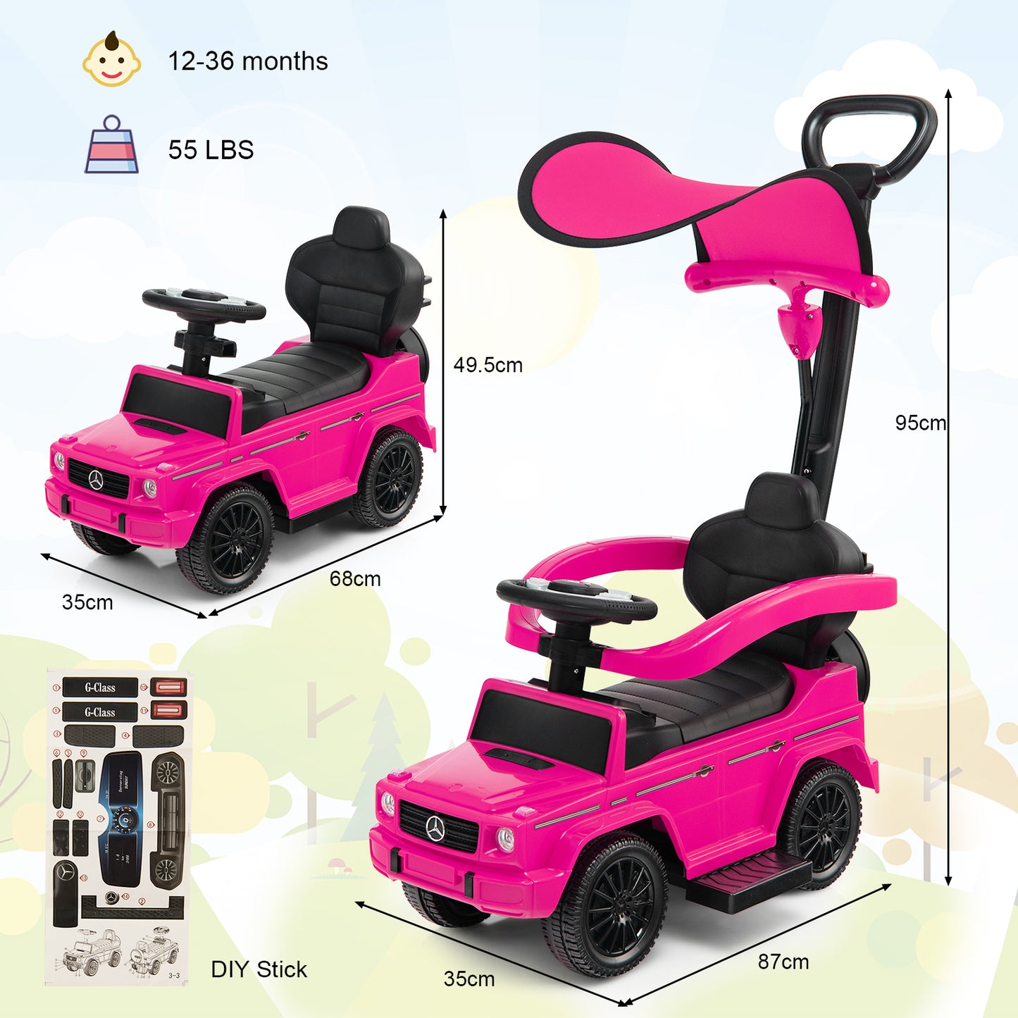 3-in-1 Baby Foot-to Floor Sliding Walker with Push Handle-Black