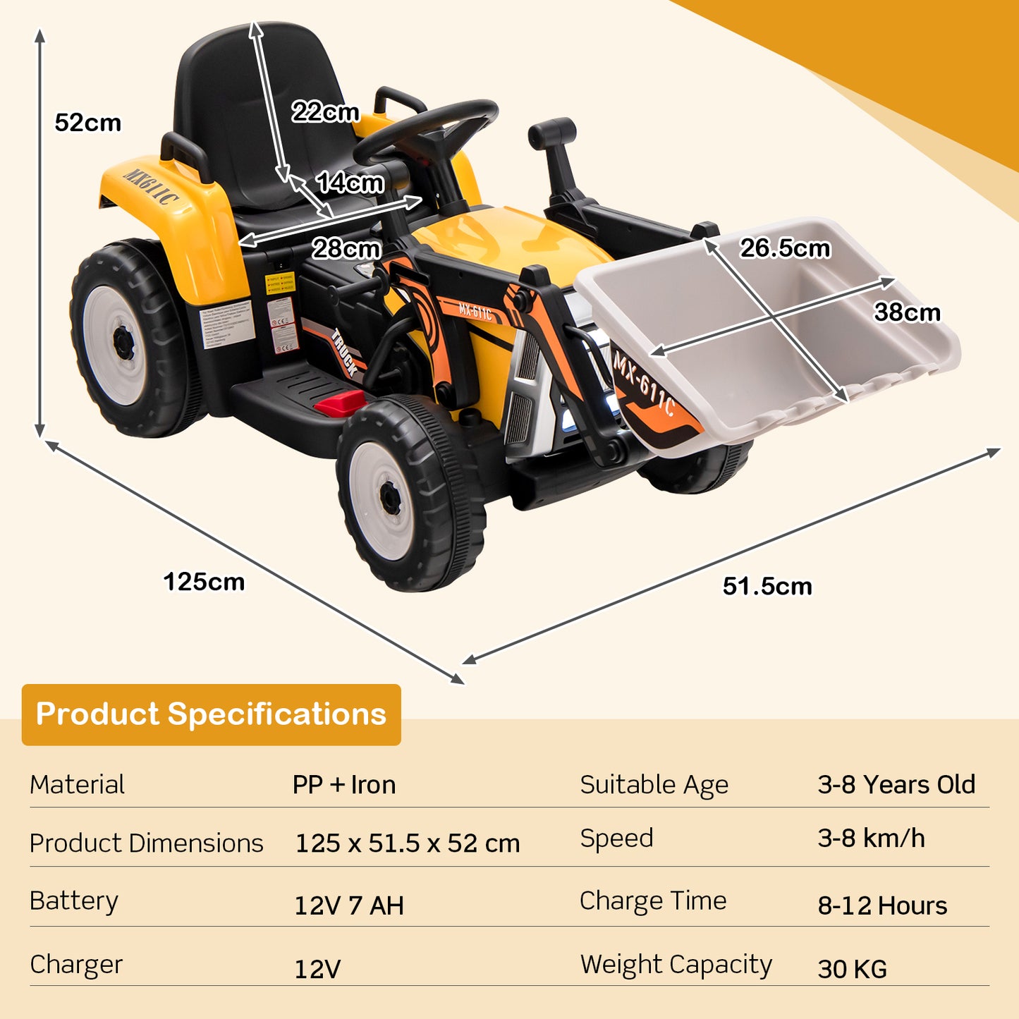 12V Battery Powered Loader Digger with Adjustable Arm and Bucket-Blue