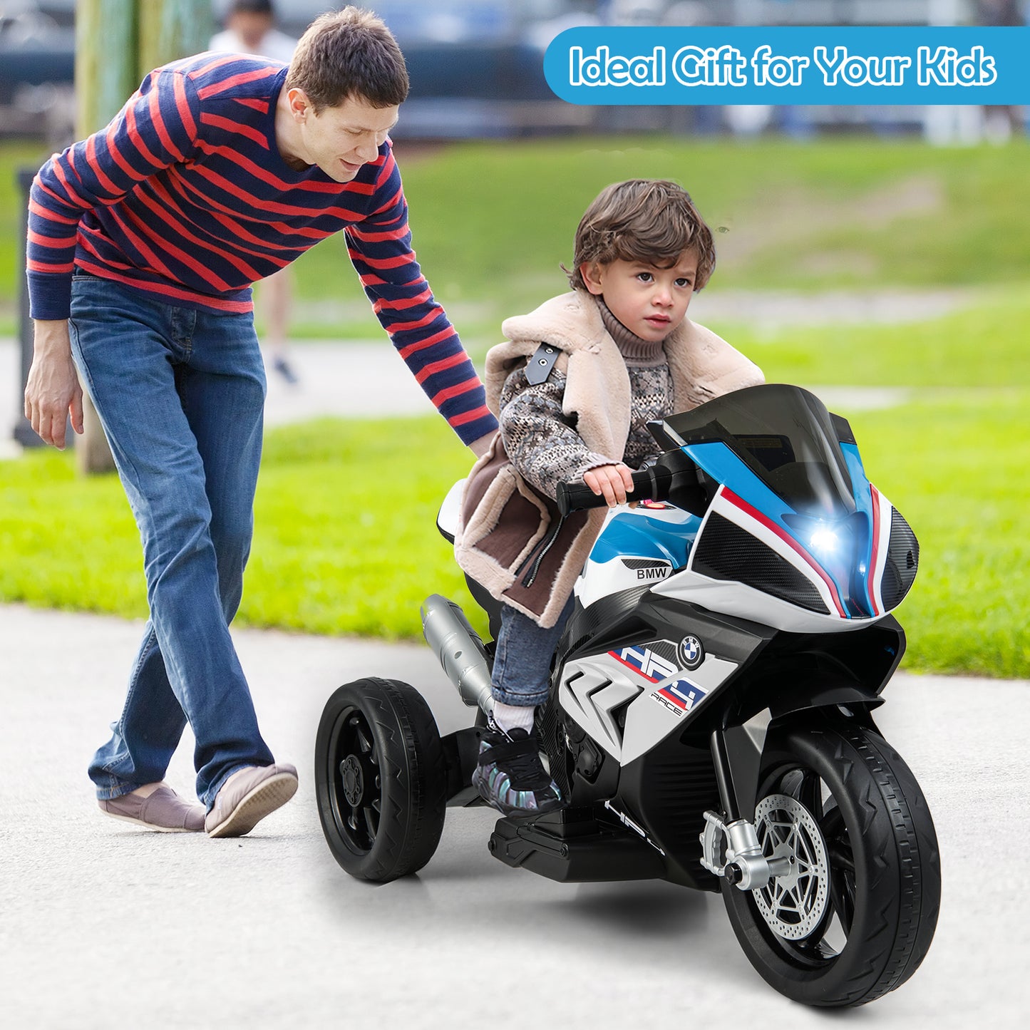 12V Kids Motorcycle Ride-On Toy with Music and Headlight-Blue
