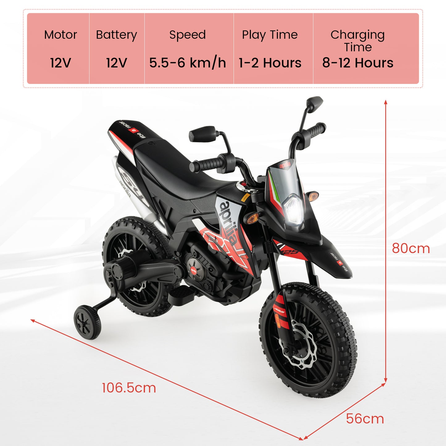 12V Battery Powered Toddler Motorbike with Music for 3-8 Years Old Kids-Black