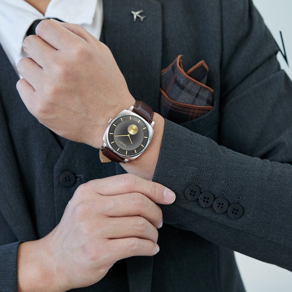 Trnda Men's Stainless Steel Watch, Brown Leather Band | Trn-Ss45-Br