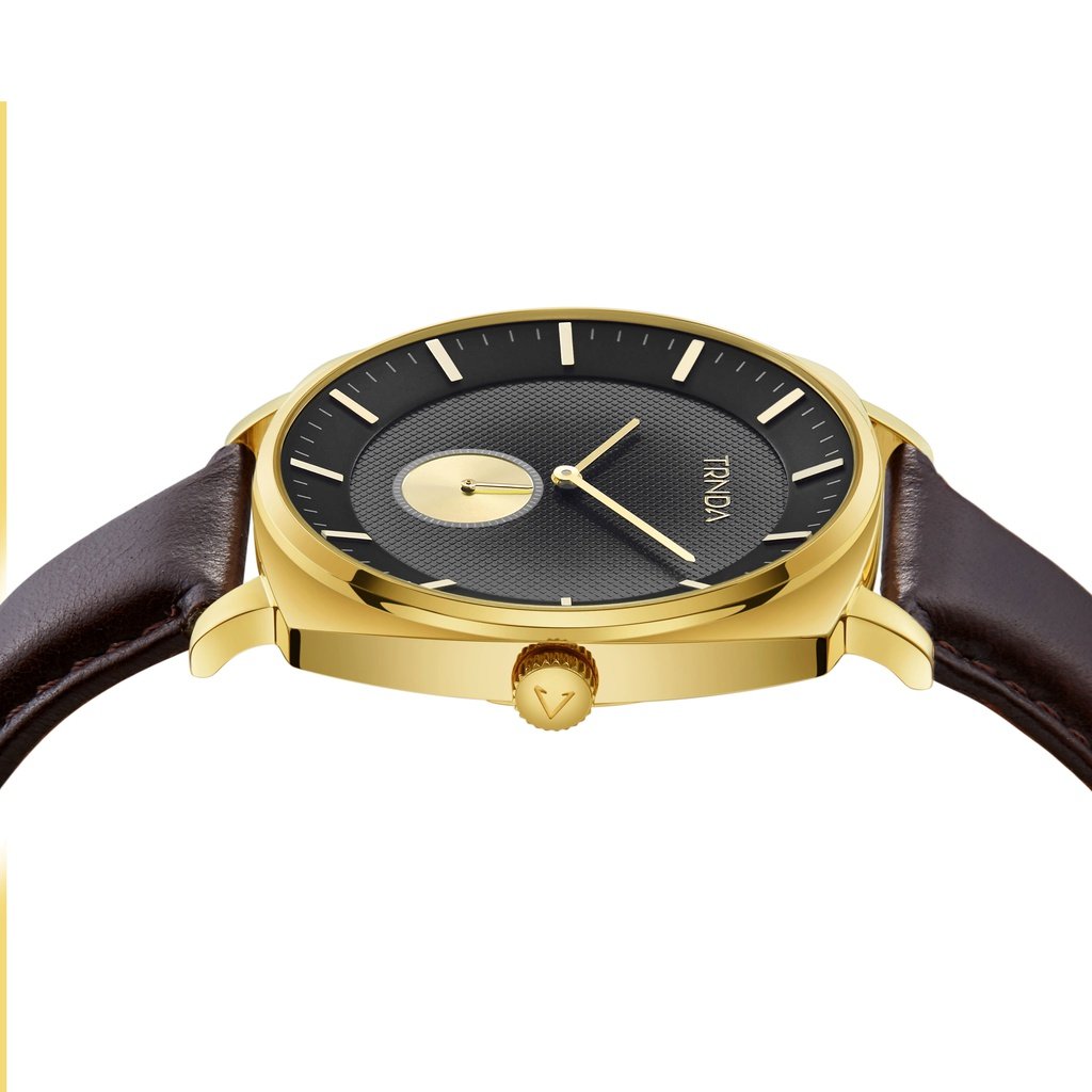 Trnda Men's Gold Stainless Steel Watch, Brown Leather | Trn-001
