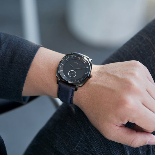 Trnda Men's Black Stainless Steel Watch, Blue Leather Band | Trndbk45