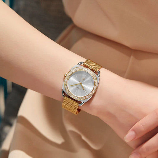 Trnda Women's Stainless Steel Gold Mesh Watch, Silver Dial | Trnda-35.8