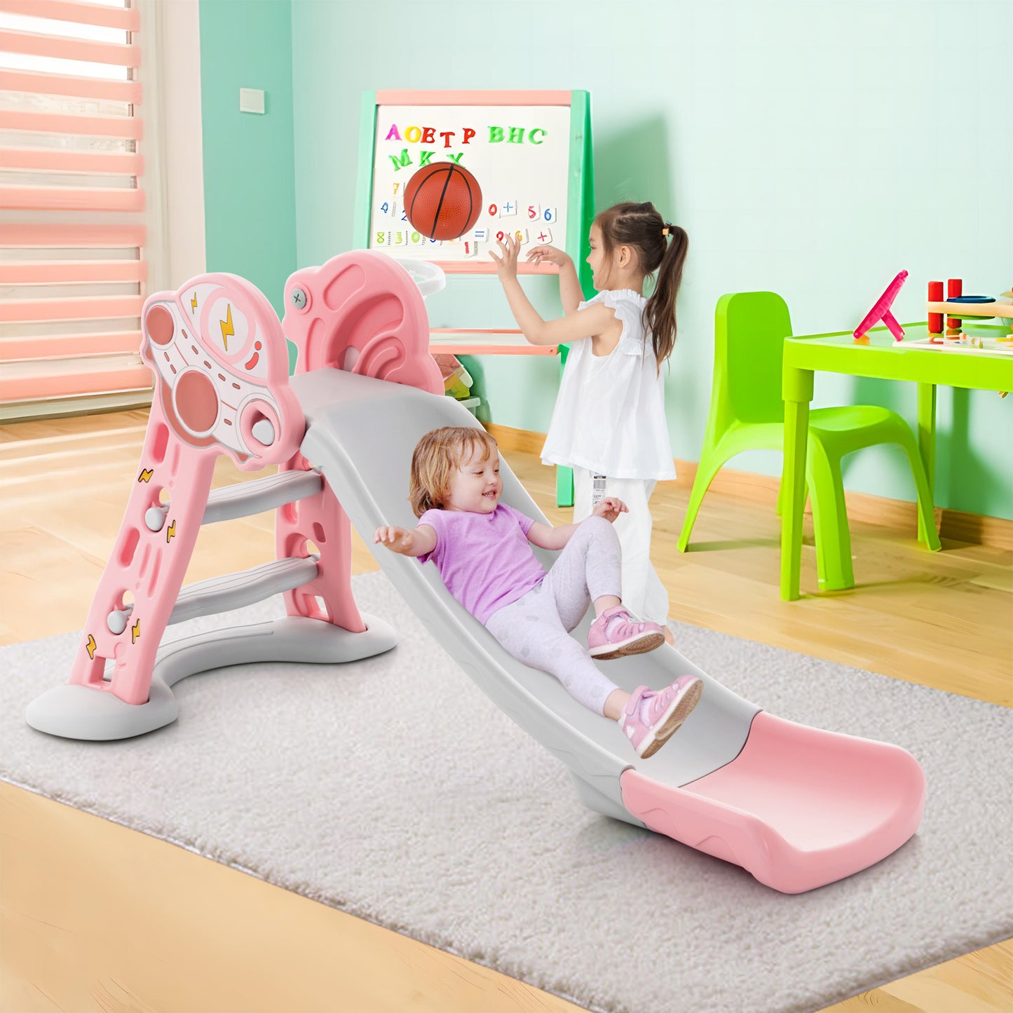 3-in-1 Indoor Slide with Basketball Hoop & Small Basketball for Kids-Blue