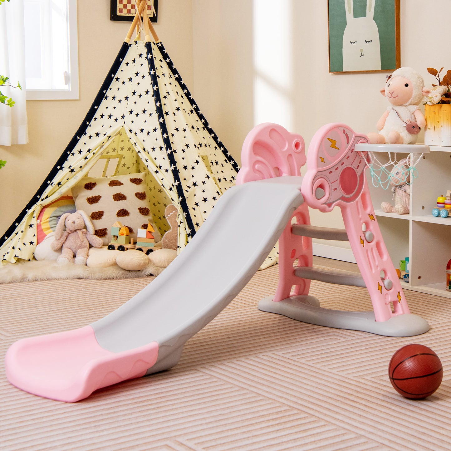 3-in-1 Indoor Slide with Basketball Hoop & Small Basketball for Kids-Blue
