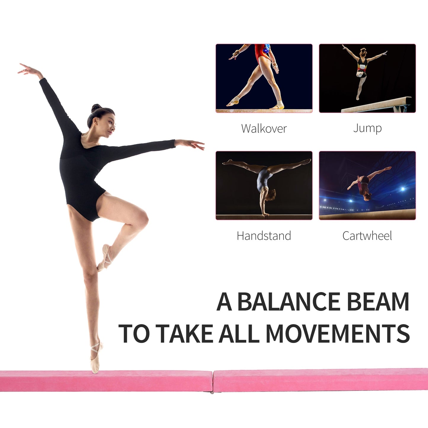 HOMCOM Balance Beam Trainer Fold Performance Gymnastics Suede Pink 2.1M Home