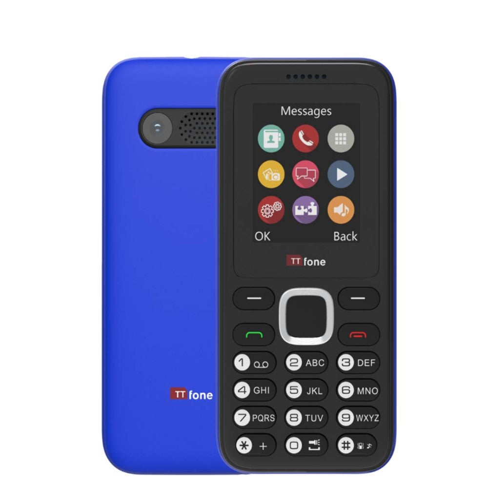 TTfone TT150 Unlocked Basic Mobile Phone UK Sim Free, Long Battery Life, Dual Sim with camera and games, easy to use, durable and light weight pay as you go - Blue with Mains Charger and EE Sim Card
