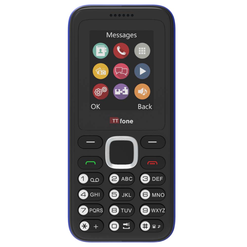 TTfone TT150 Unlocked Basic Mobile Phone UK Sim Free, Long Battery Life, Dual Sim with camera and games, easy to use, durable and light weight pay as you go - Blue with Mains Charger and EE Sim Card