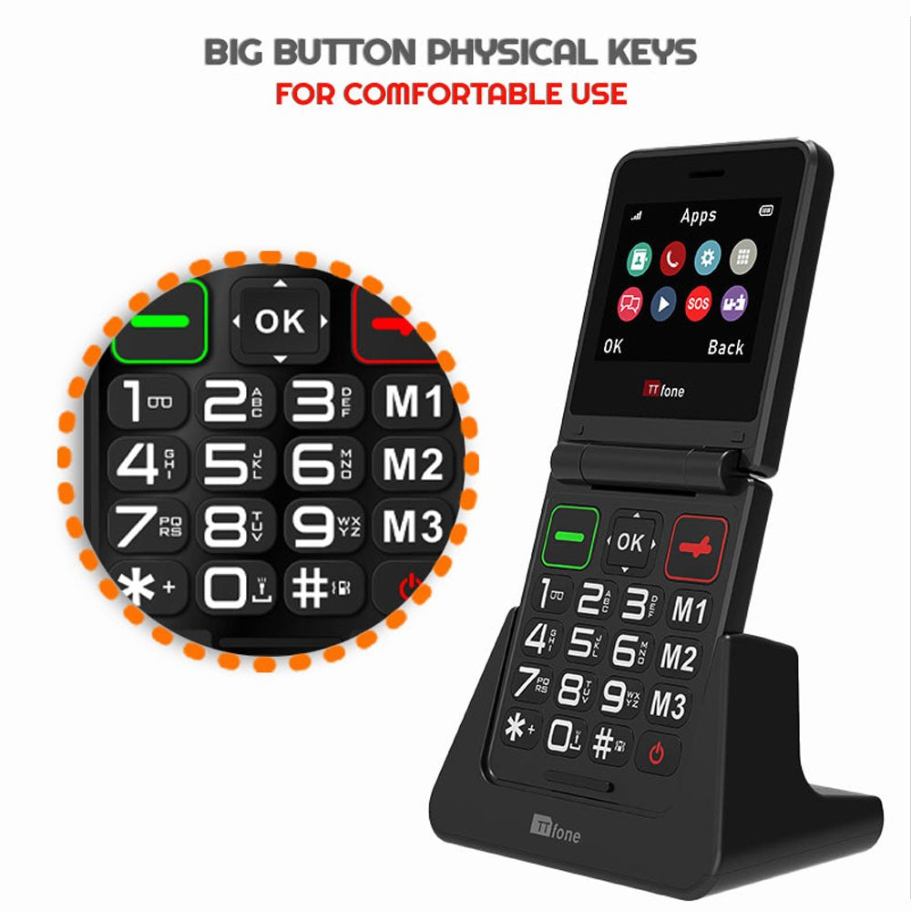 TTfone TT660 Flip Mobile Phone for Seniors - Folding Design, Big Buttons, Emergency Assistance, Long Battery Life with Dock Charger and O2 Sim Card