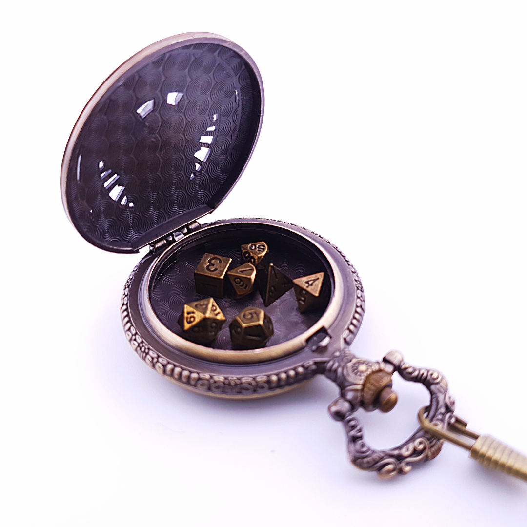Celestial Champion | Pocket Watch Dice Case | Mini Dice | Ancient Gold