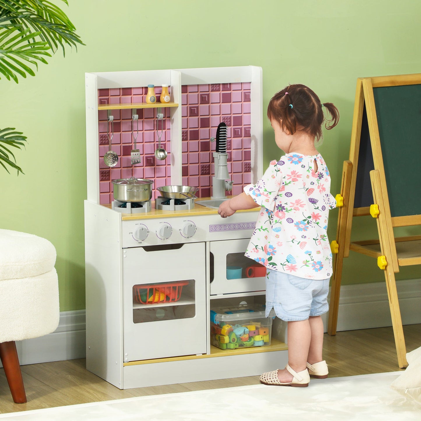 AIYAPLAY Kids Play Kitchen, Pretend Play Kitchen with Realistic Oven, Stove, Sink, Kitchen Accessories, Cooking Playset with Light, Sound, Ages 3+, White
