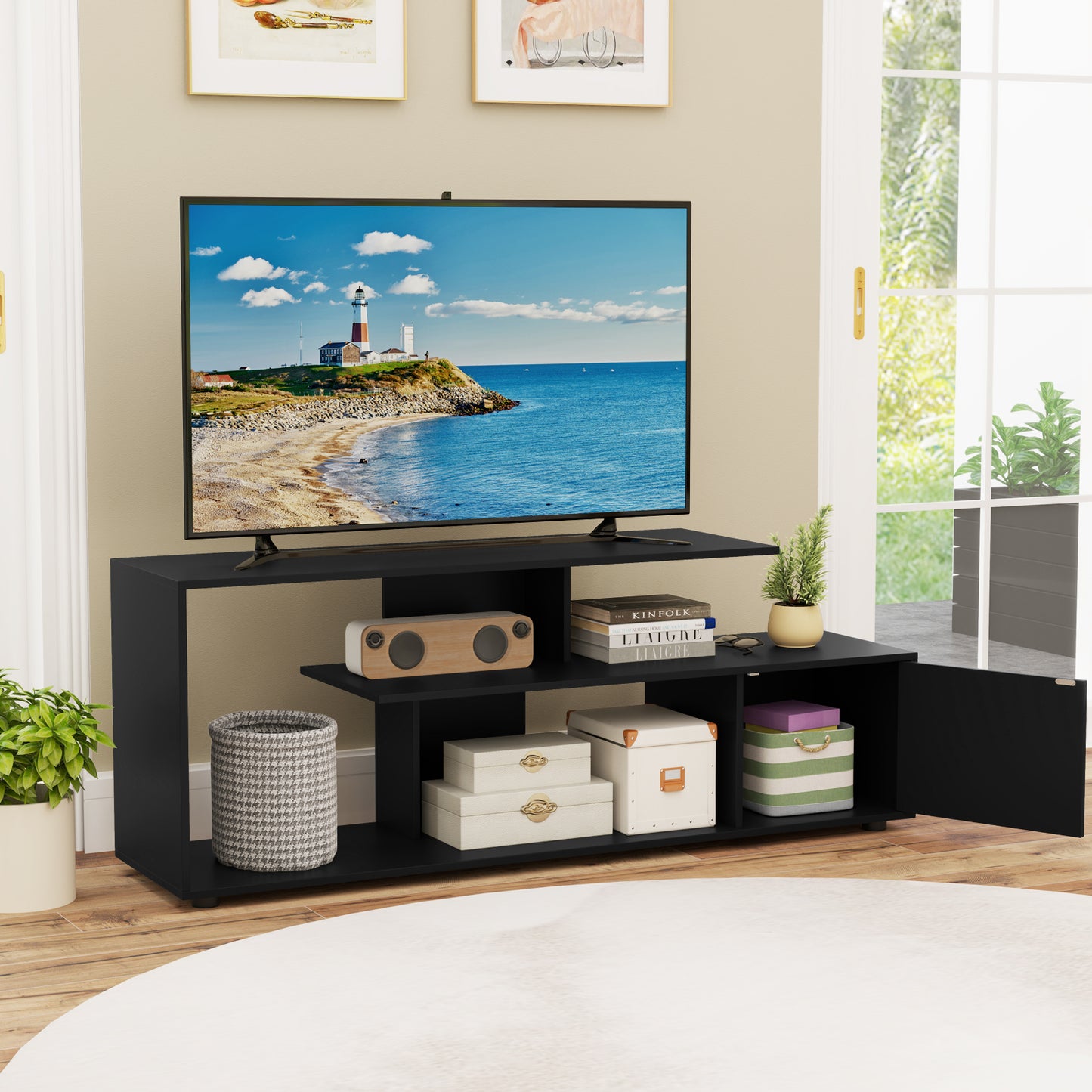 3-Tier Asymmetrical Media Console Table with Storage Shelves and Cabinet-White