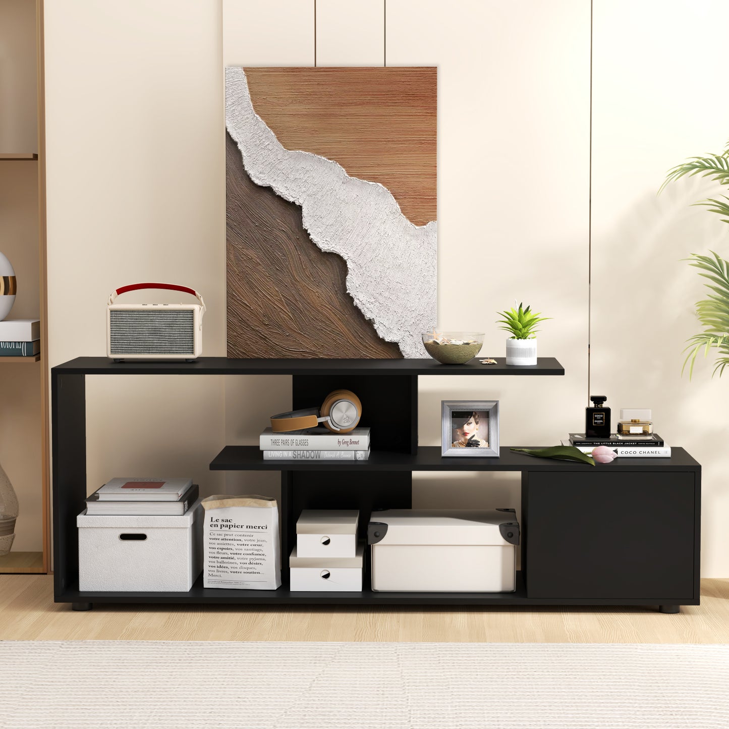 3-Tier Asymmetrical Media Console Table with Storage Shelves and Cabinet-White