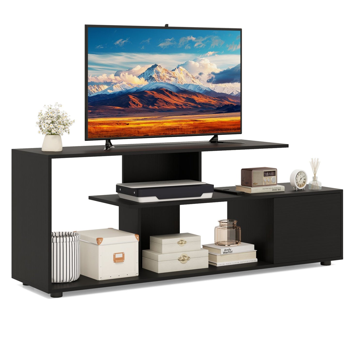 3-Tier Asymmetrical Media Console Table with Storage Shelves and Cabinet-White