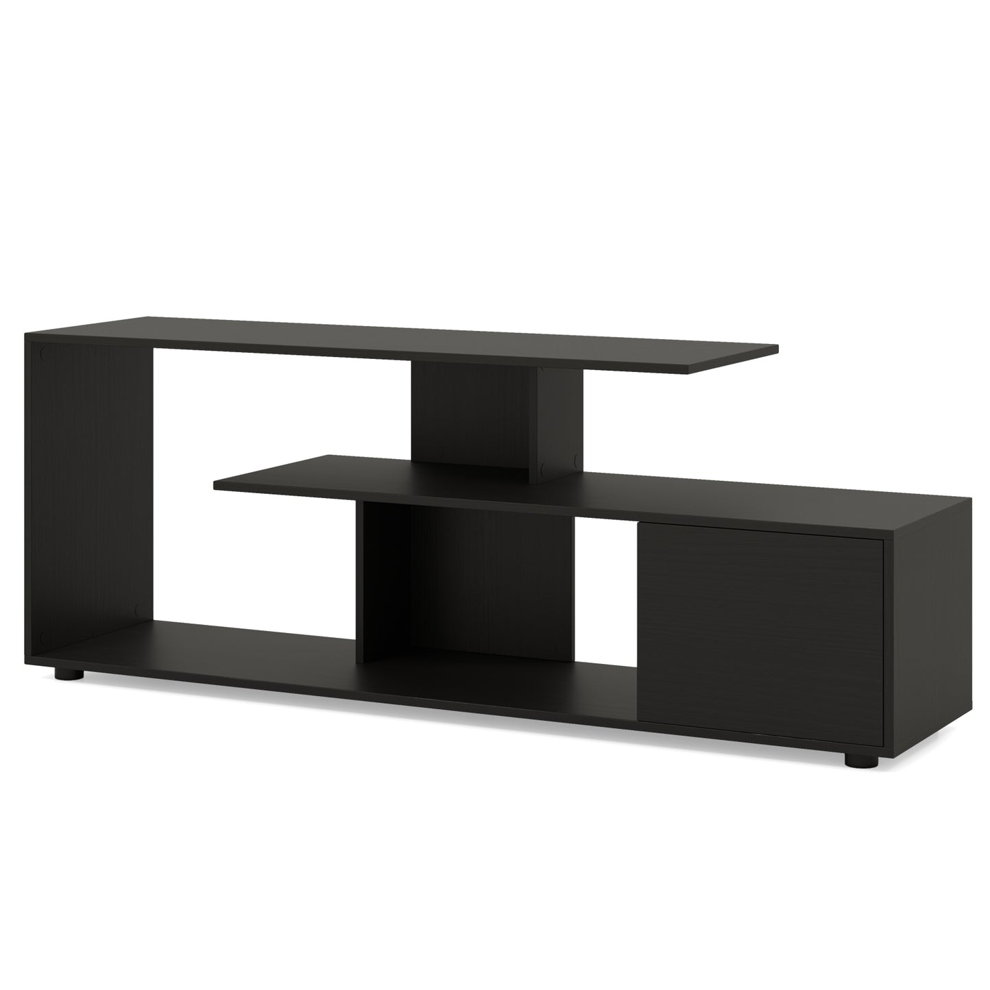 3-Tier Asymmetrical Media Console Table with Storage Shelves and Cabinet-White