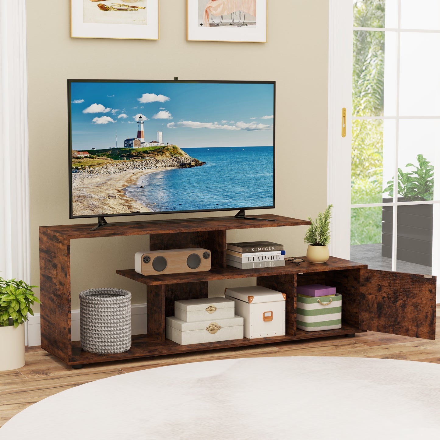 3-Tier Asymmetrical Media Console Table with Storage Shelves and Cabinet-White