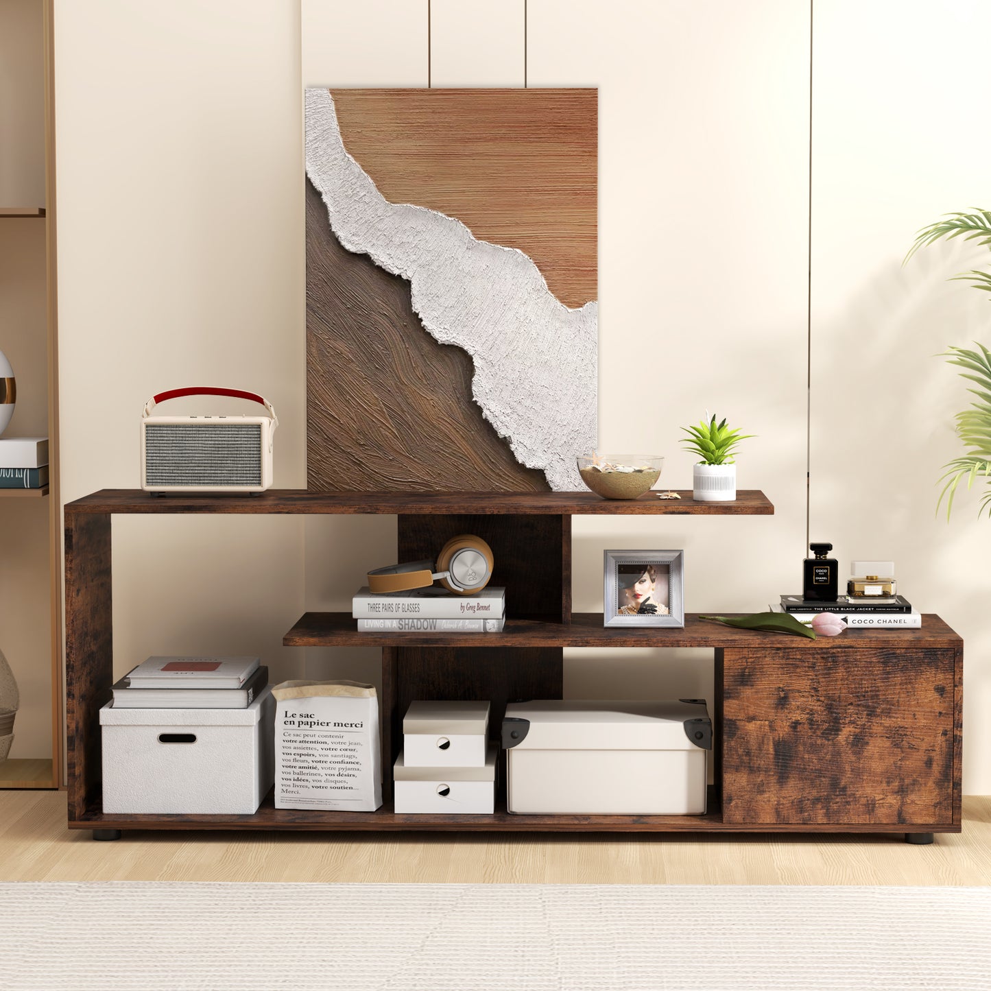 3-Tier Asymmetrical Media Console Table with Storage Shelves and Cabinet-White