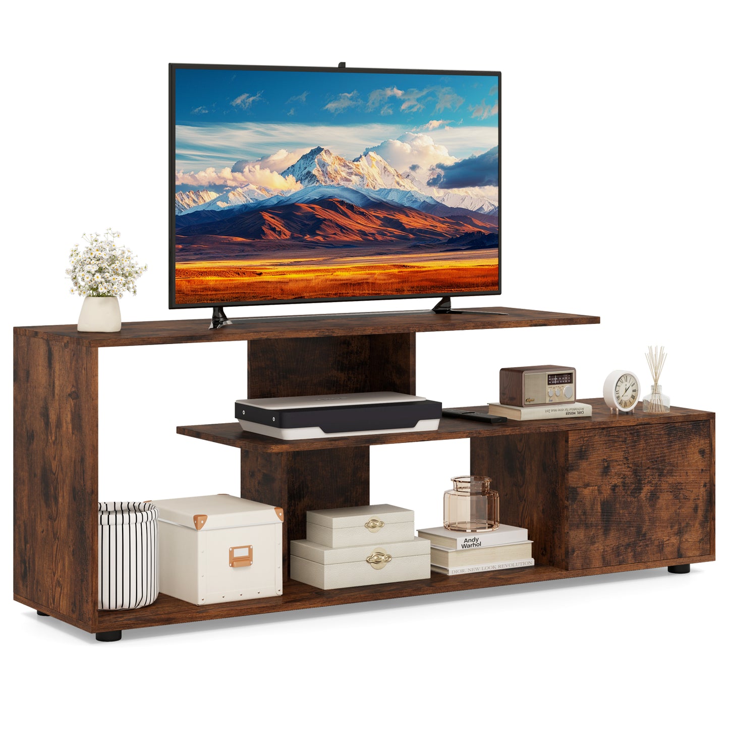 3-Tier Asymmetrical Media Console Table with Storage Shelves and Cabinet-White