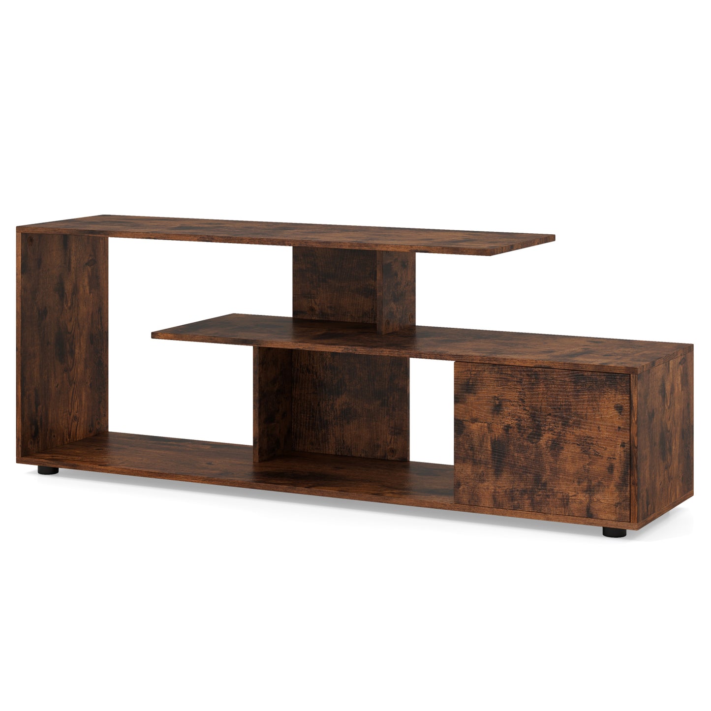 3-Tier Asymmetrical Media Console Table with Storage Shelves and Cabinet-White