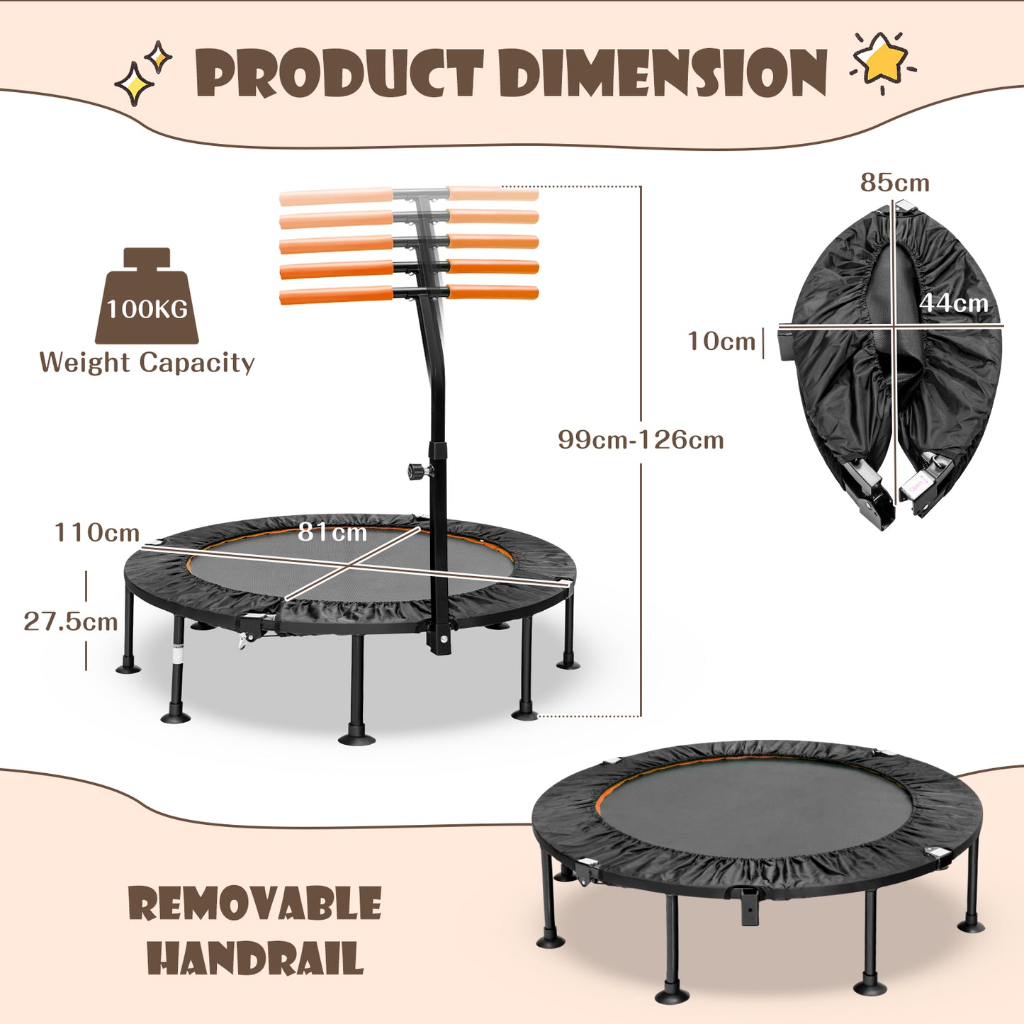 110 CM Mini Trampoline Bounce with Height Adjustable Handrail-Green
