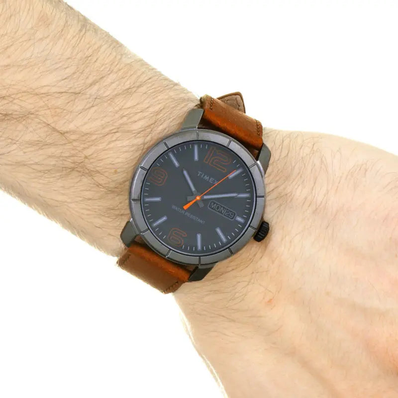 Timex Men's Brown Leather Watch, Gray Dial Tw2r64000
