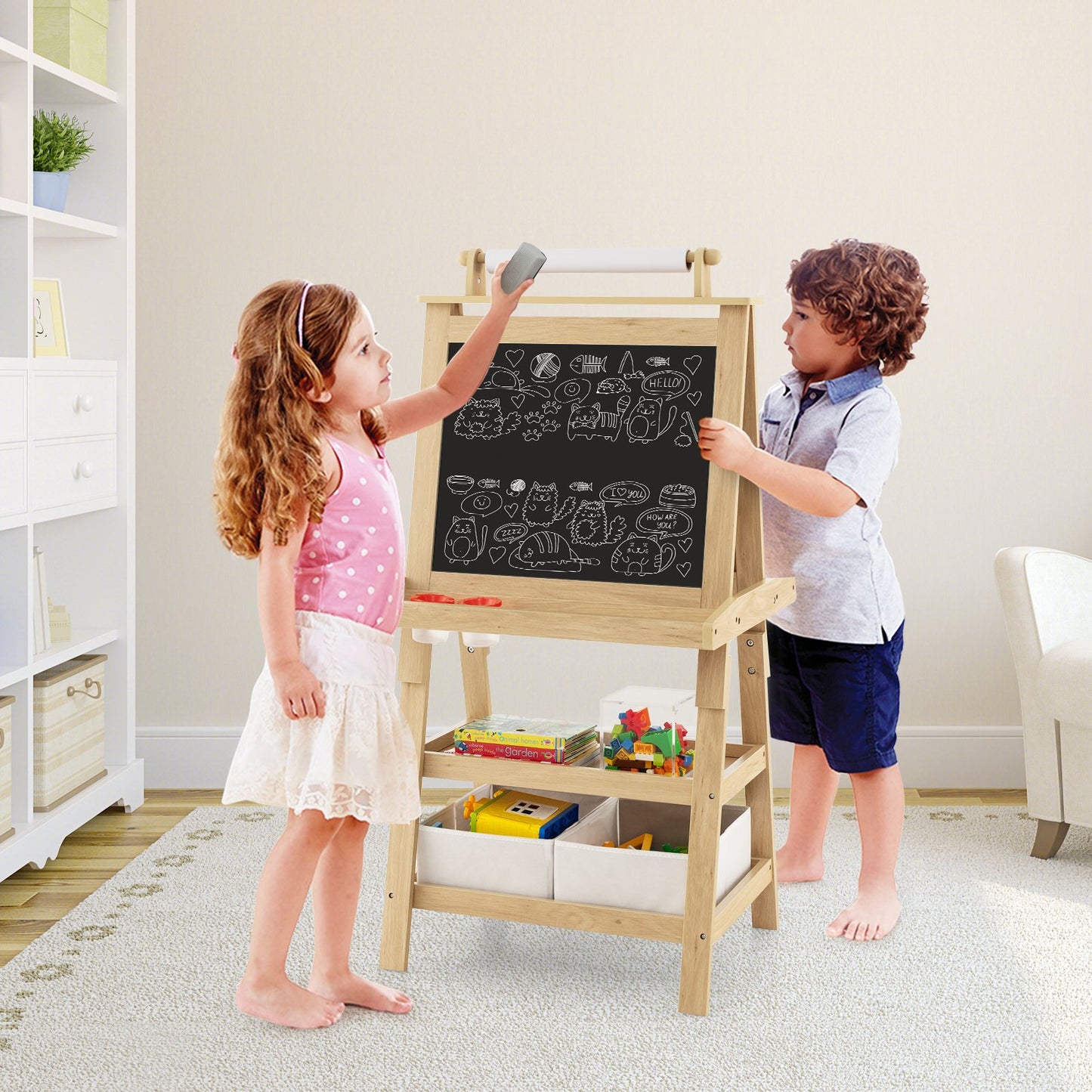 Children's Double-Sided Art Easel with Paper Roll-Blue