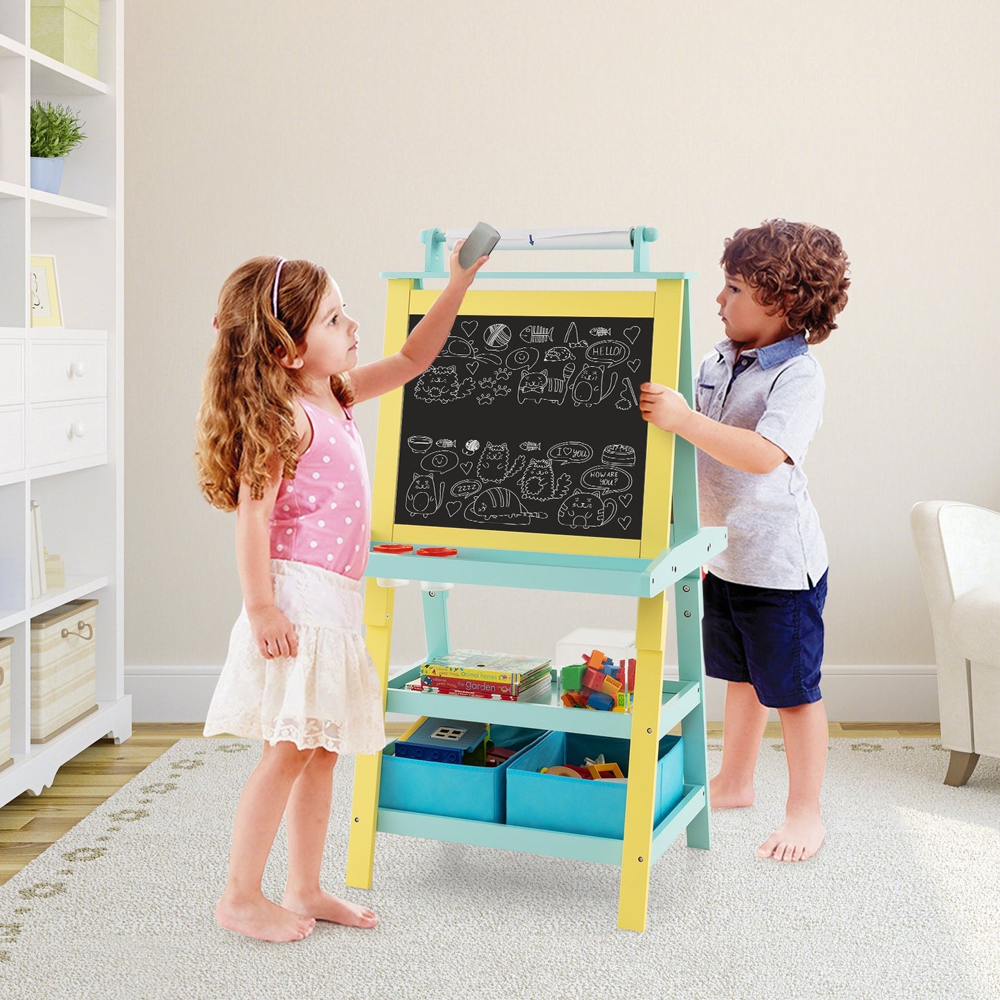 Children's Double-Sided Art Easel with Paper Roll-Blue
