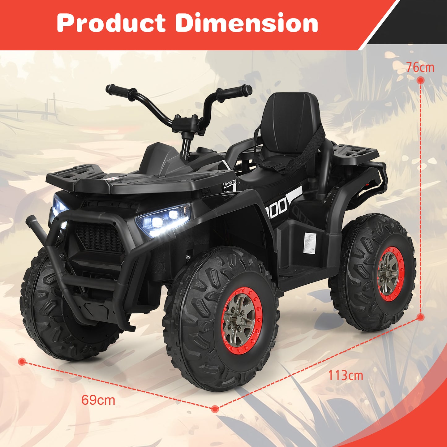 12V Kids Electric 4-Wheeler ATV Quad Ride On Car Toy with LED Lights and Music-Red