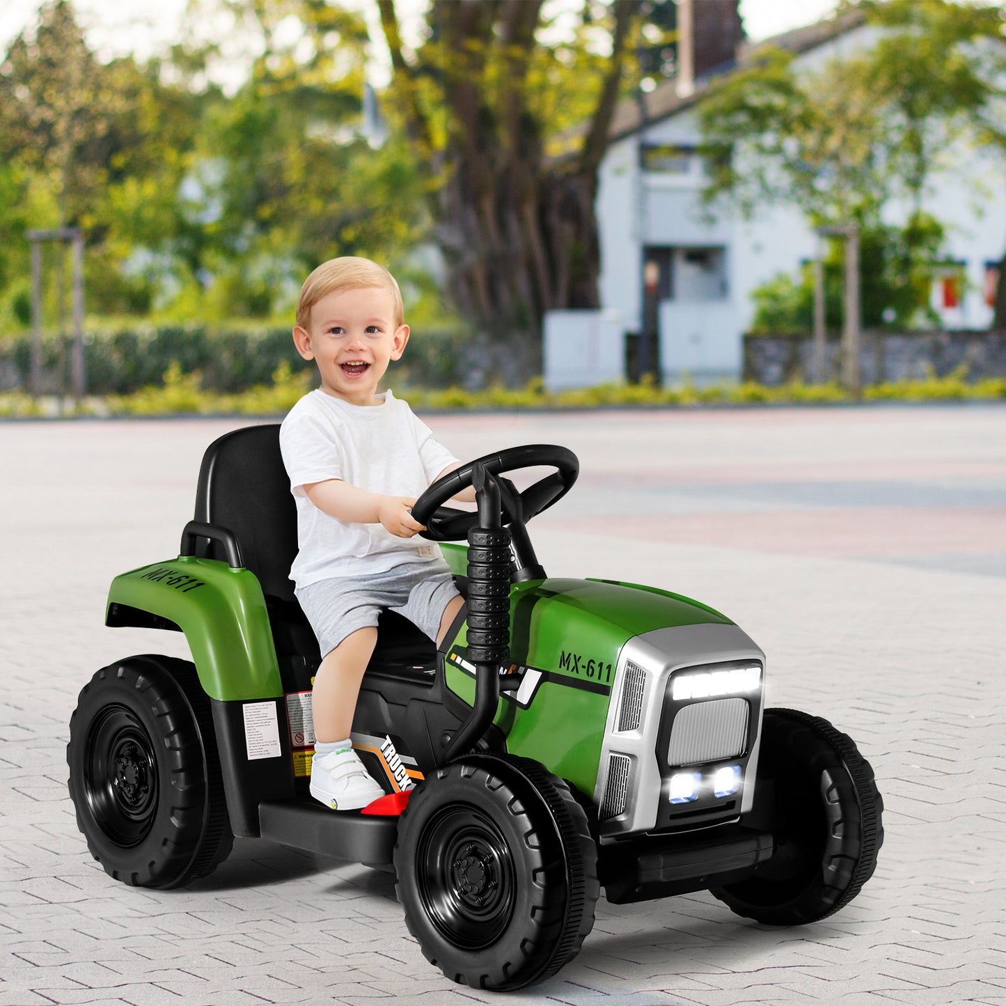 12V Kids Ride On Tractor with Trailer Music and LED Lights-Pink