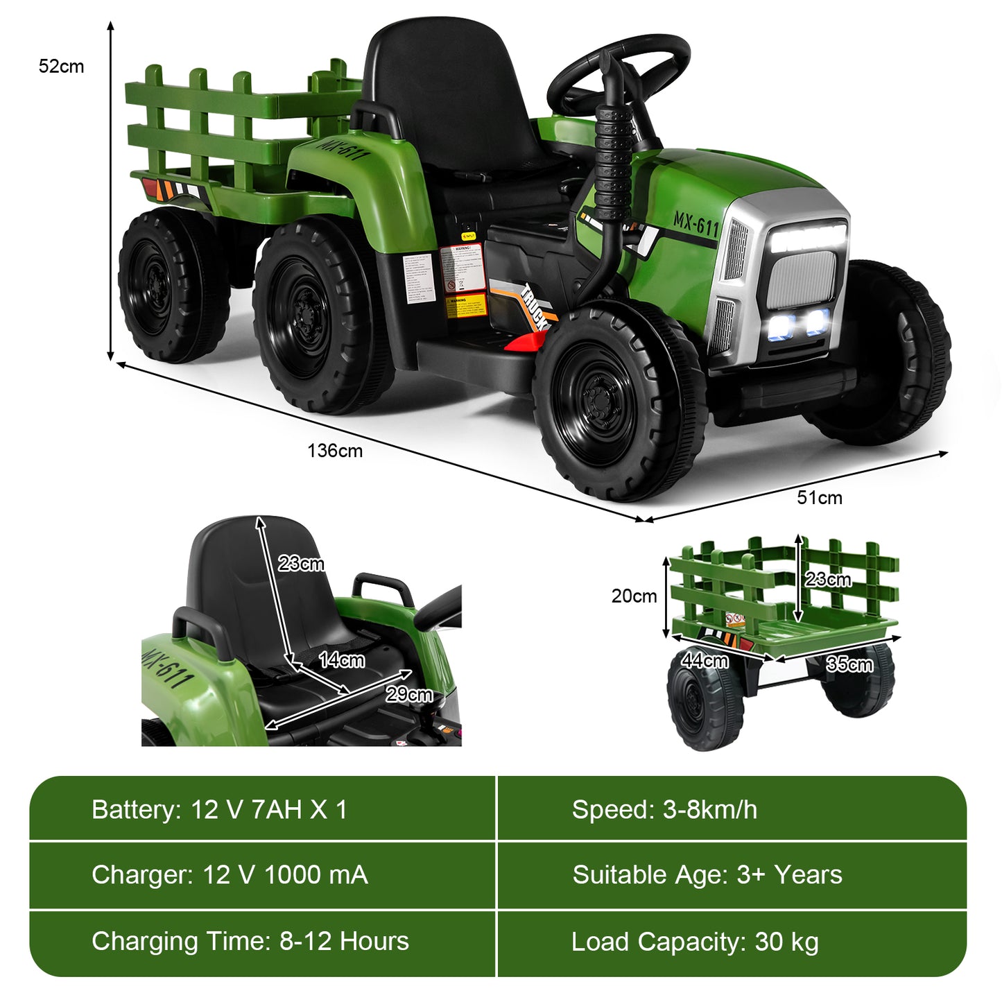 12V Kids Ride On Tractor with Trailer Music and LED Lights-Pink