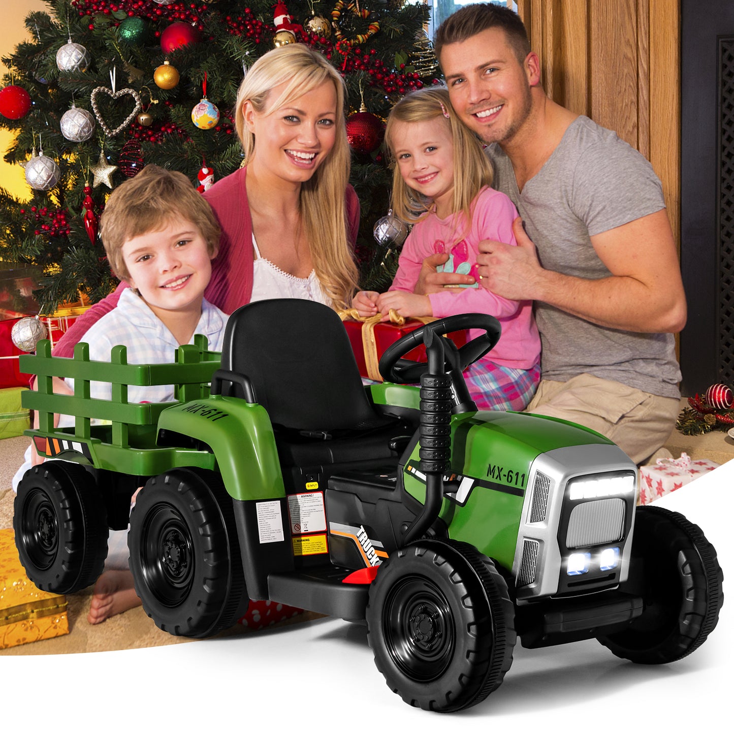 12V Kids Ride On Tractor with Trailer Music and LED Lights-Pink