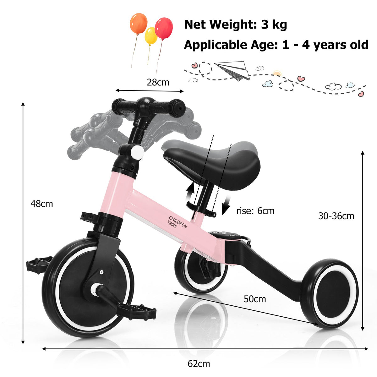 Convertible Balance Bike Kids Trike with Detachable Pedal for 1-4 Years Old Kids-Blue
