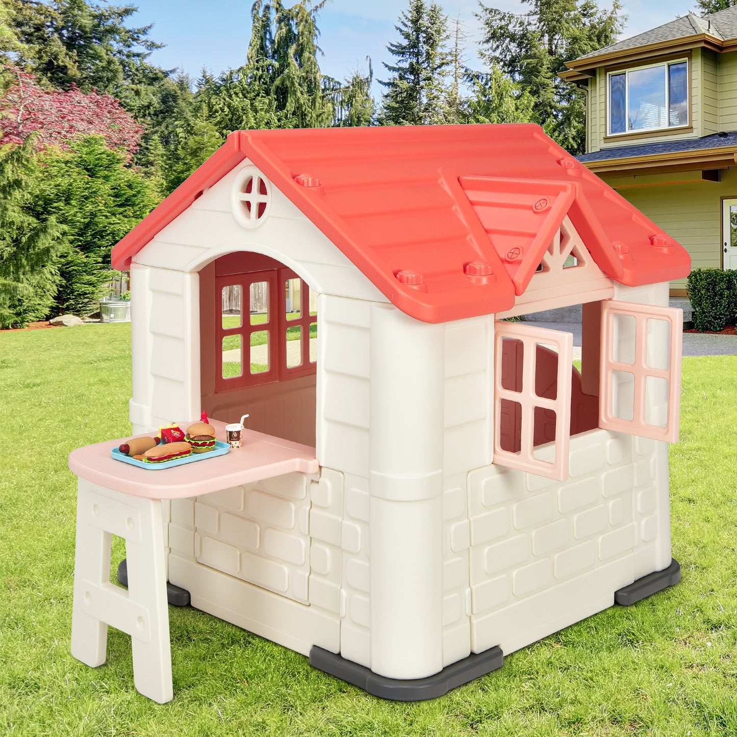 Outdoor Cottage Pretend Play Center with Picnic Table and Food Toy Set-Blue
