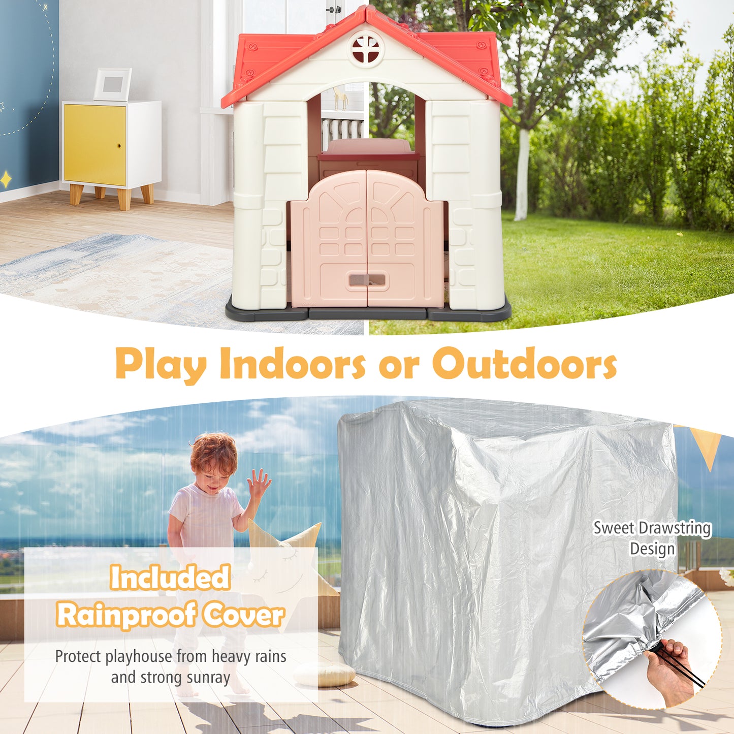Outdoor Cottage Pretend Play Center with Picnic Table and Food Toy Set-Blue