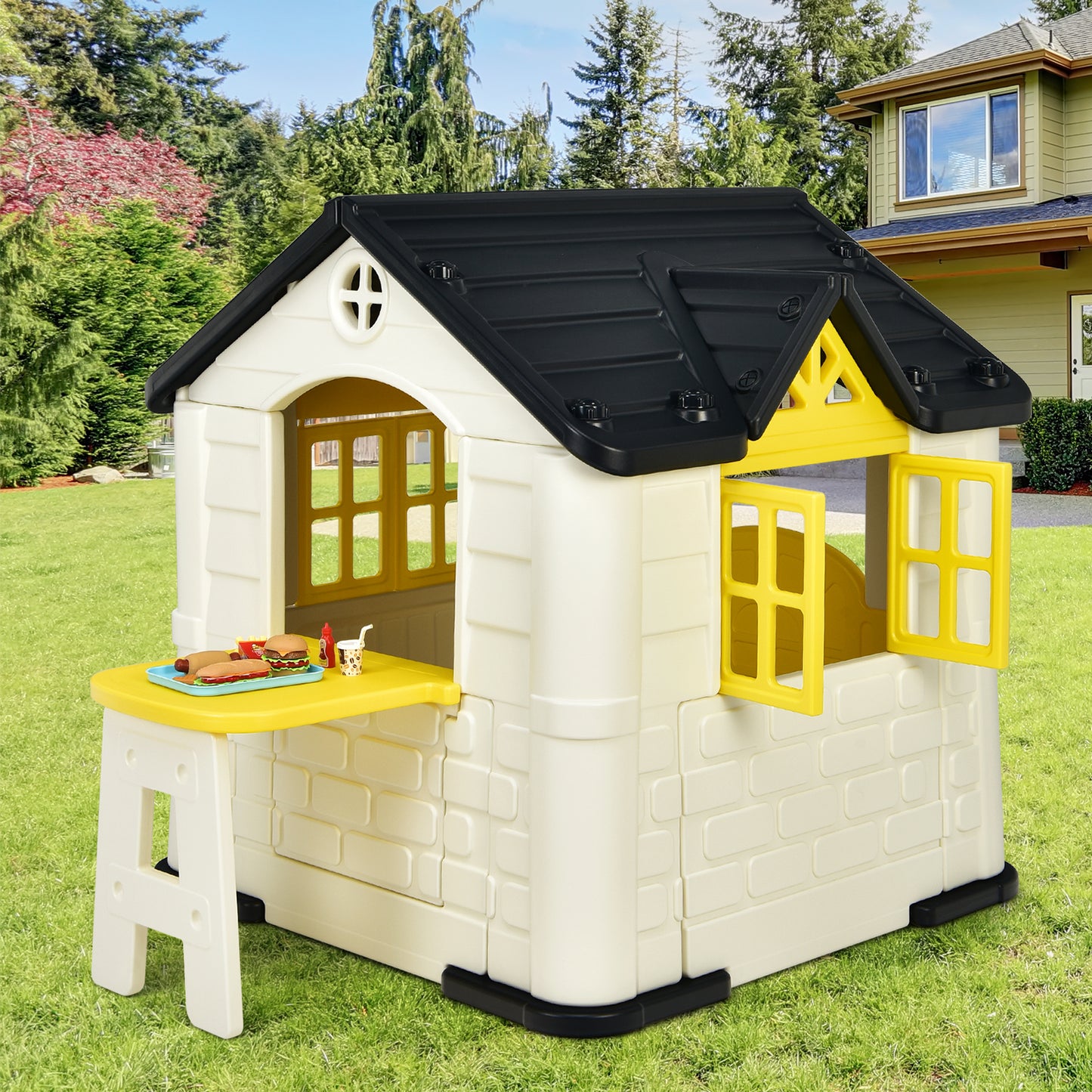 Outdoor Cottage Pretend Play Center with Picnic Table and Food Toy Set-Blue