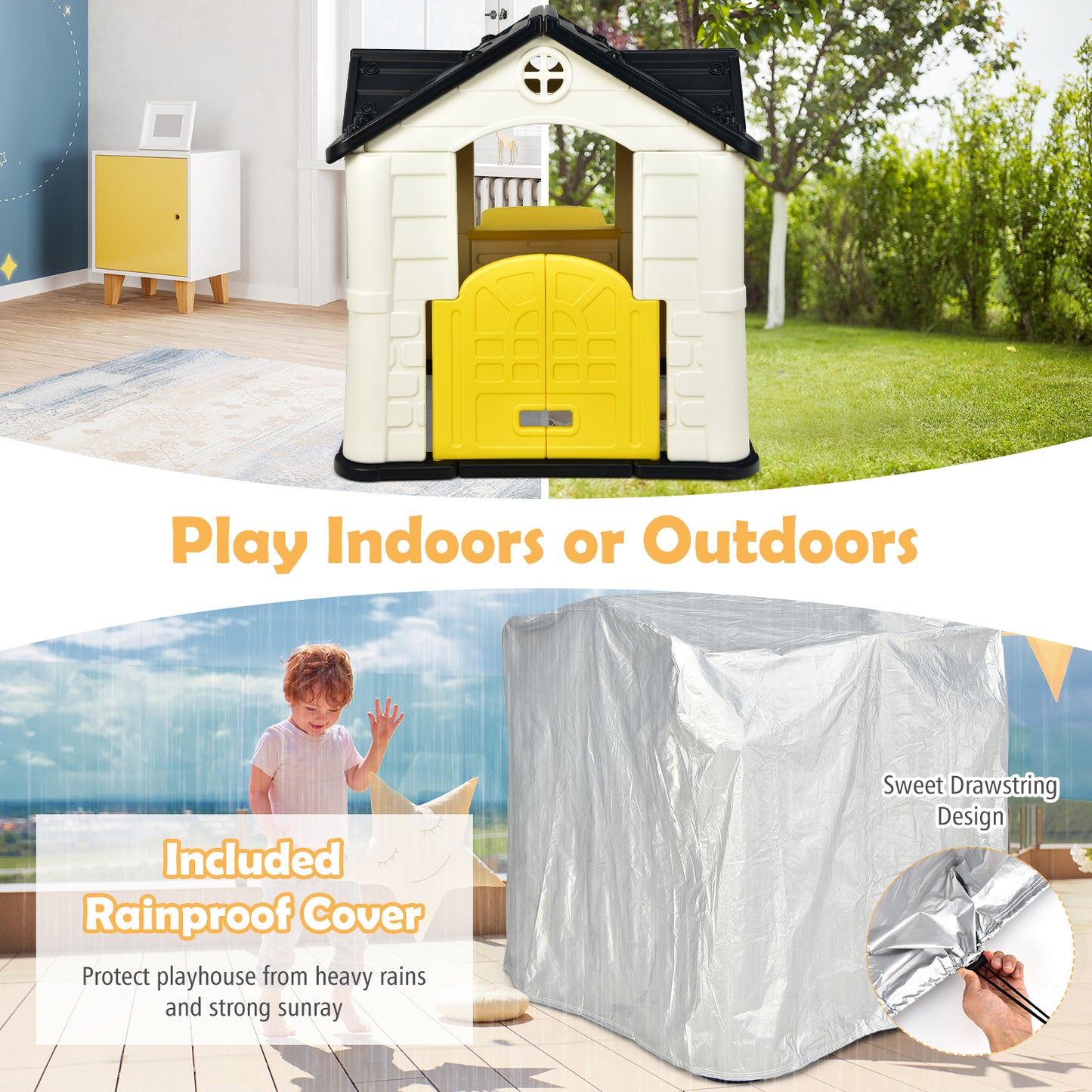 Outdoor Cottage Pretend Play Center with Picnic Table and Food Toy Set-Blue