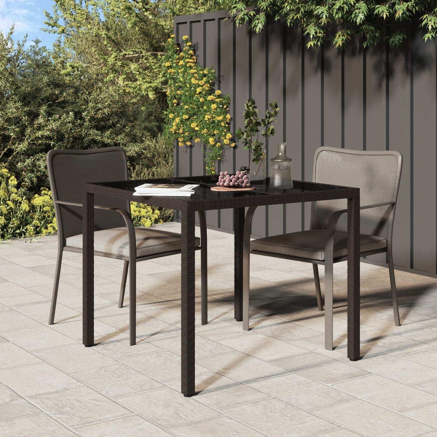 Outdoor Patio Poly Rattan Square Garden 4 Person Dining Table With Glass Top