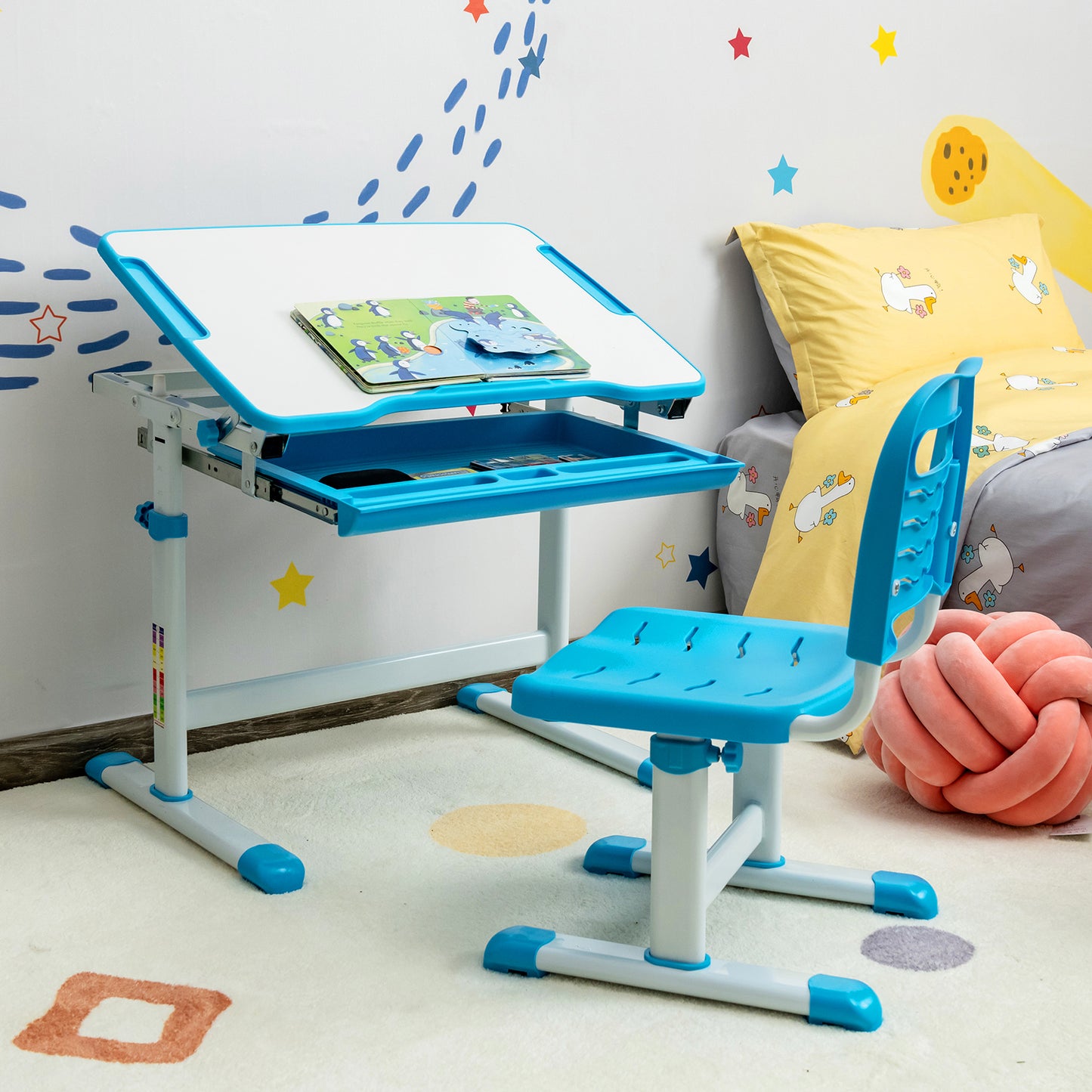 Height Adjustable Kids Study Table and Chair Set with Tilting Tabletop-Blue
