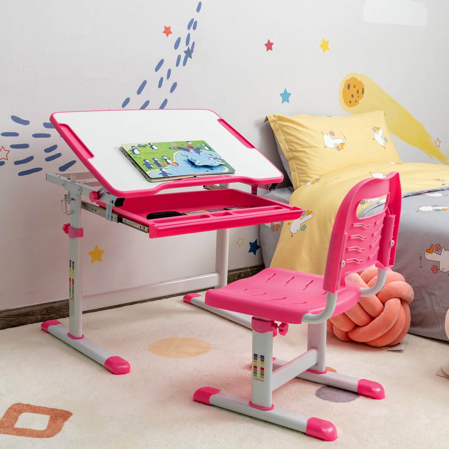 Height Adjustable Kids Study Table and Chair Set with Tilting Tabletop-Blue