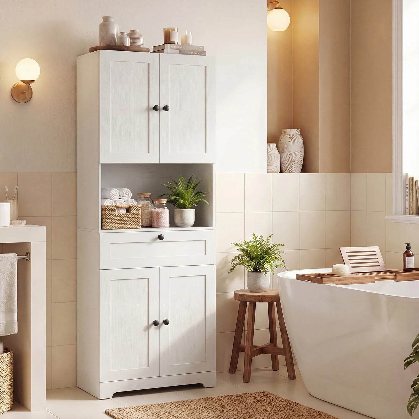 Tall Bathroom Cabinet Freestanding Storage Cabinet with 4 Doors and 1 Drawer-Black