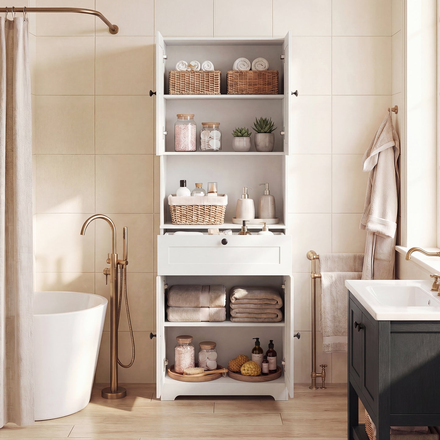 Tall Bathroom Cabinet Freestanding Storage Cabinet with 4 Doors and 1 Drawer-Black