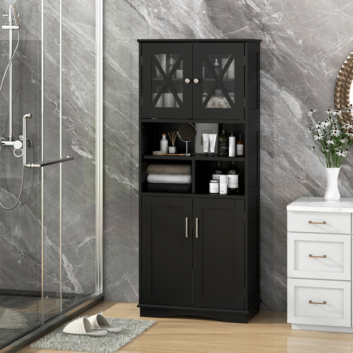 Tall Bathroom Floor Storage Cabinet with Acrylic Doors and 3 Cubes-White